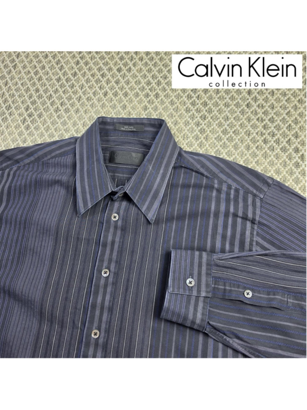 Calvin Klein Collection Men’s Black Blue Striped Dress Shirt 16.5 34/35 Cotton